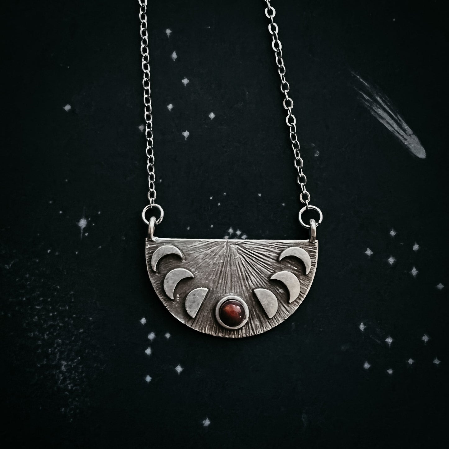 Lunar Eclipse Half Circle Pendant Necklace with Moon Phases and Black Opal – Necklace