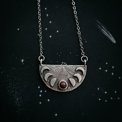 Lunar Eclipse Half Circle Pendant Necklace with Moon Phases and Black Opal – Necklace