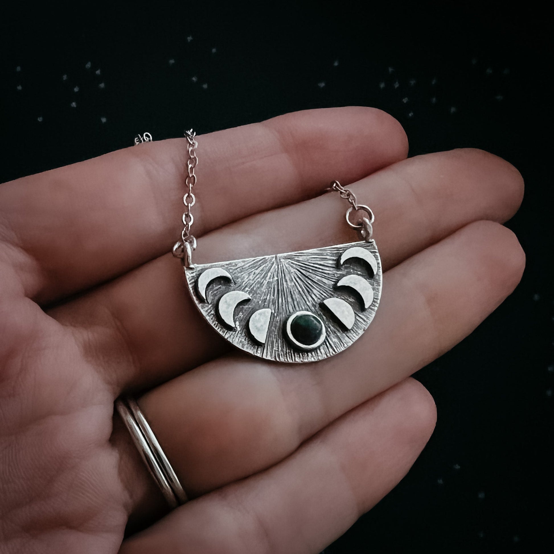 Lunar Eclipse Half Circle Pendant Necklace with Moon Phases and Black Opal – Necklace