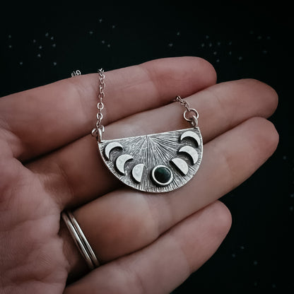 Lunar Eclipse Half Circle Pendant Necklace with Moon Phases and Black Opal – Necklace