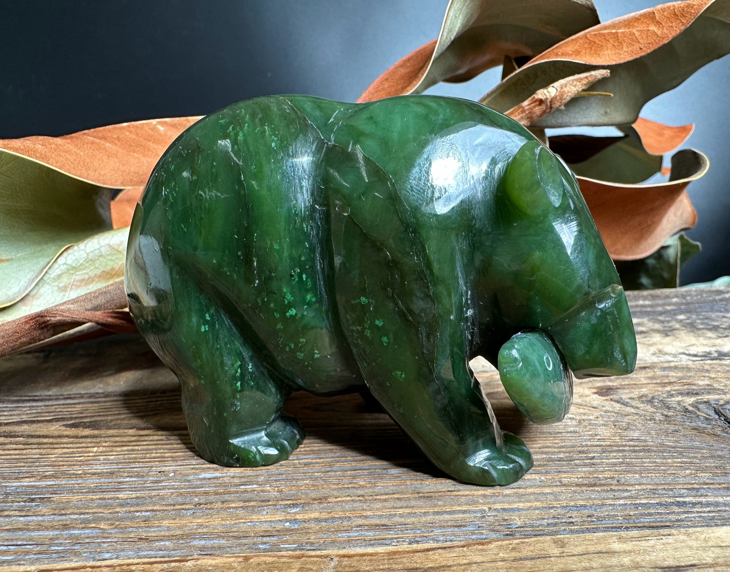 Bear with Jade Fish 4" – Hand-Carved Green Nephrite Jade Sculpture