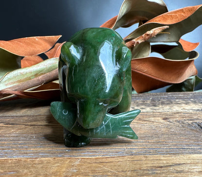 Bear with Jade Fish 4" – Hand-Carved Green Nephrite Jade Sculpture