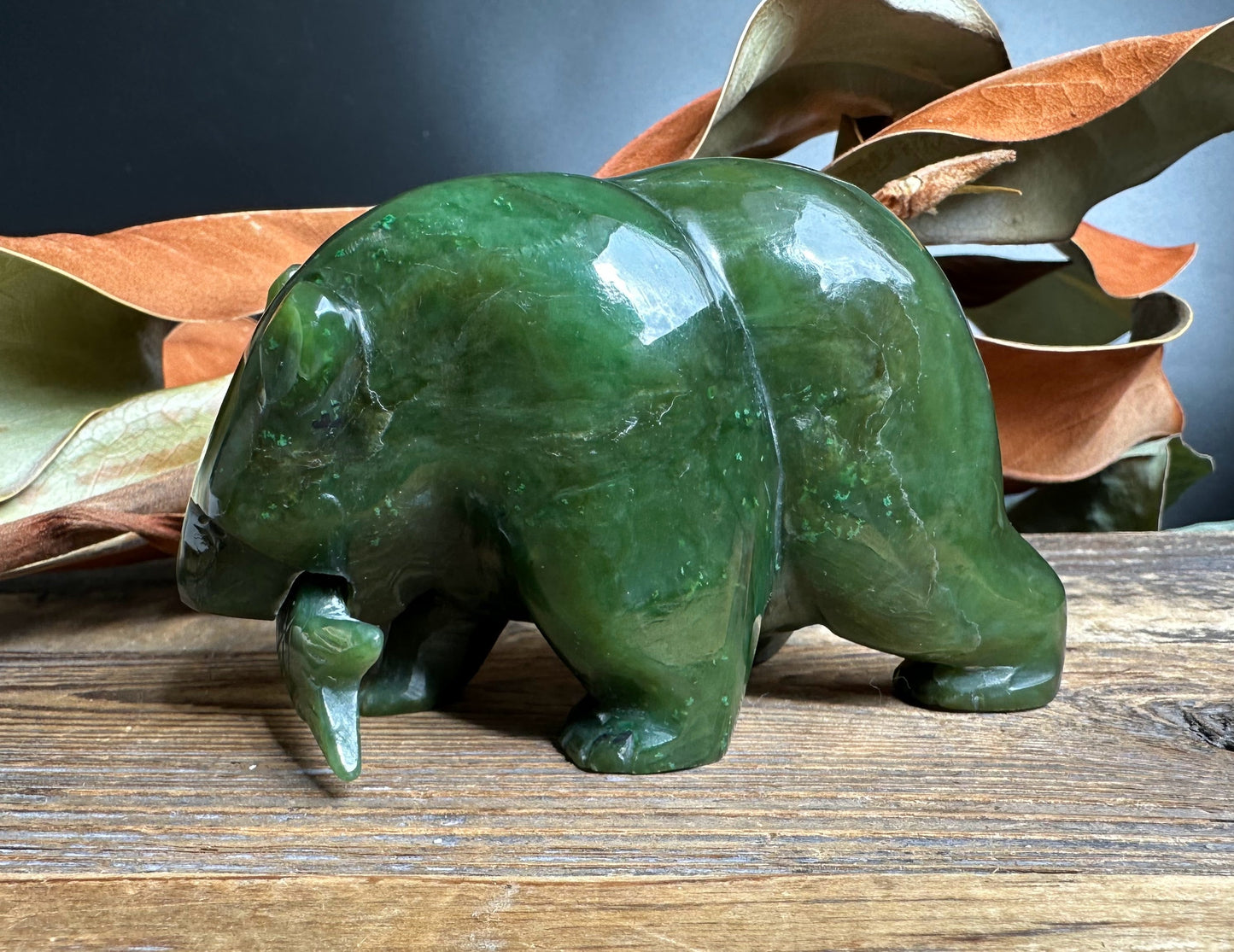 Bear with Jade Fish 4" – Hand-Carved Green Nephrite Jade Sculpture
