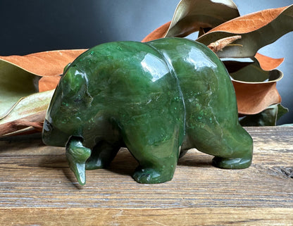Bear with Jade Fish 4" – Hand-Carved Green Nephrite Jade Sculpture
