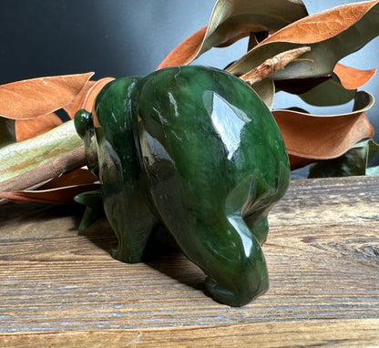 Bear with Jade Fish 4" – Hand-Carved Green Nephrite Jade Sculpture
