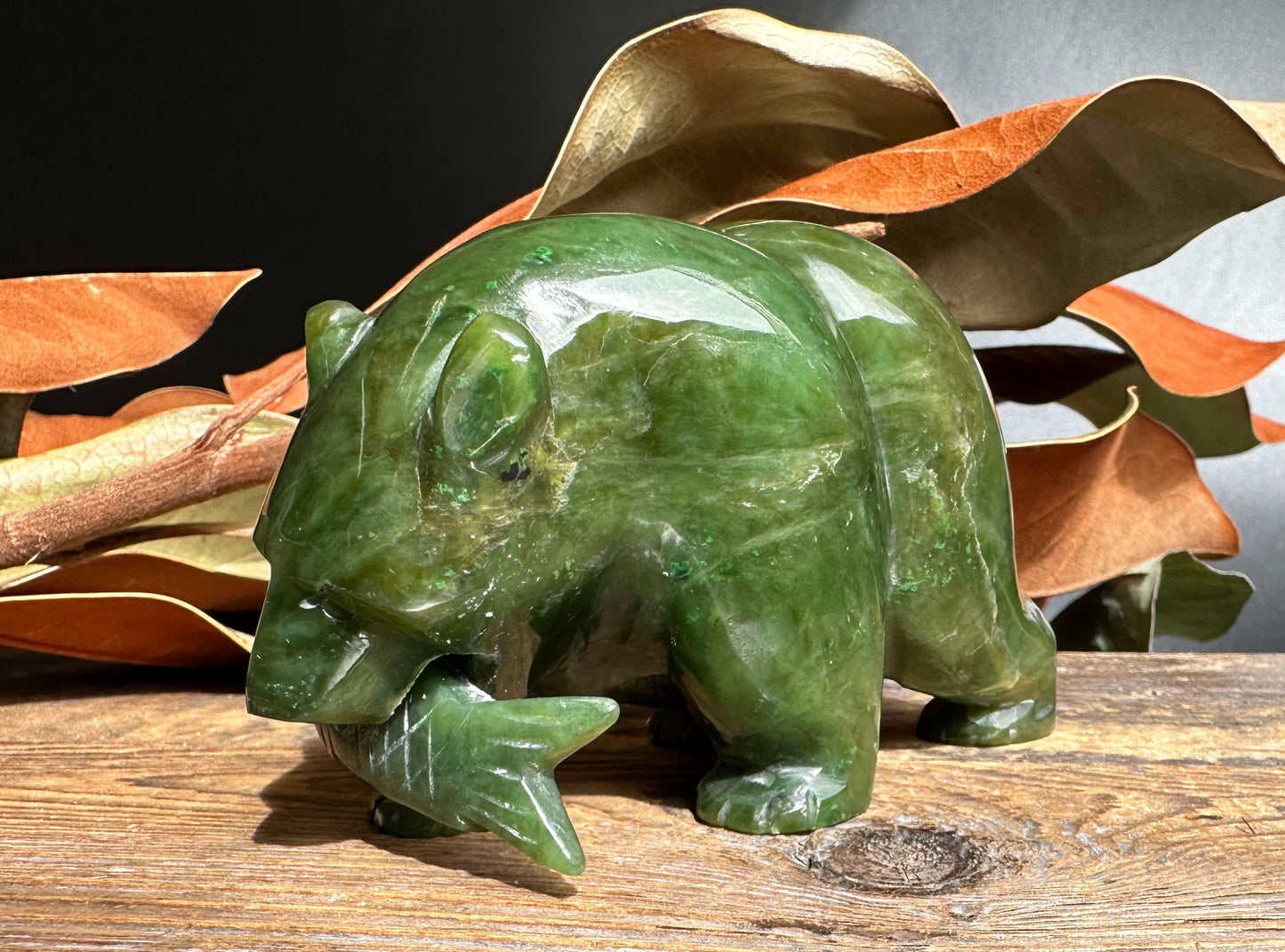 Bear with Jade Fish 4" – Hand-Carved Green Nephrite Jade Sculpture