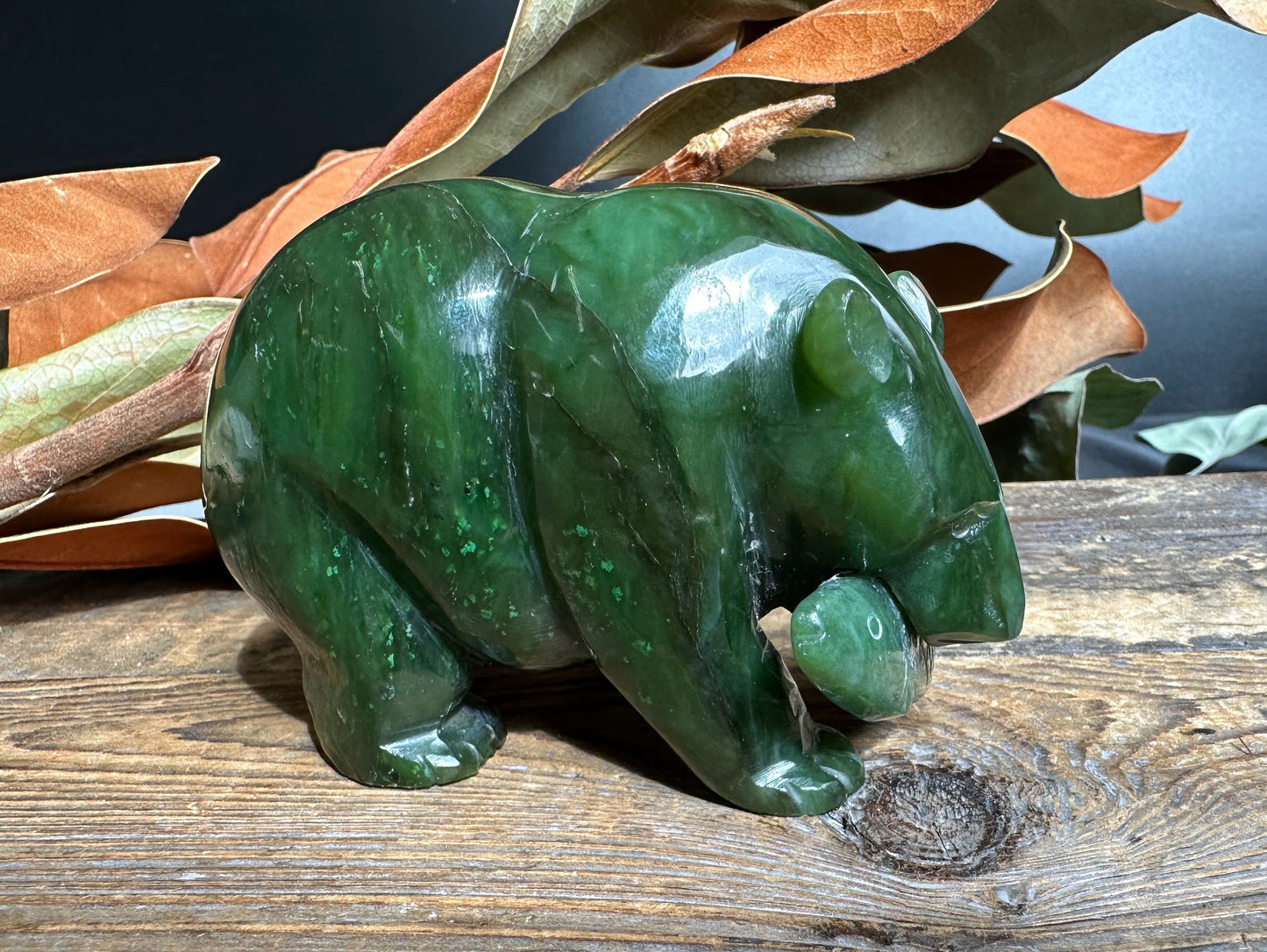 Bear with Jade Fish 4" – Hand-Carved Green Nephrite Jade Sculpture