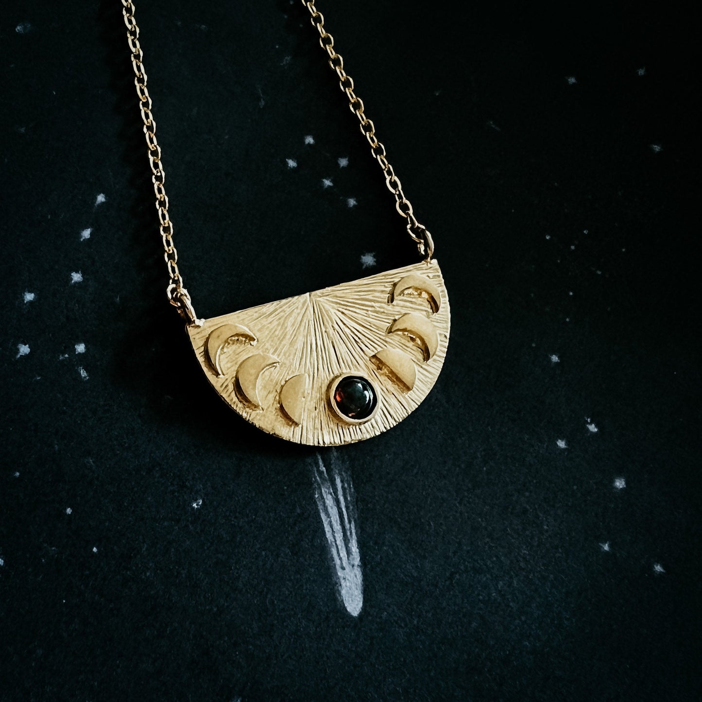 Lunar Eclipse Half Circle Pendant Necklace with Moon Phases and Black Opal – Gold Necklace