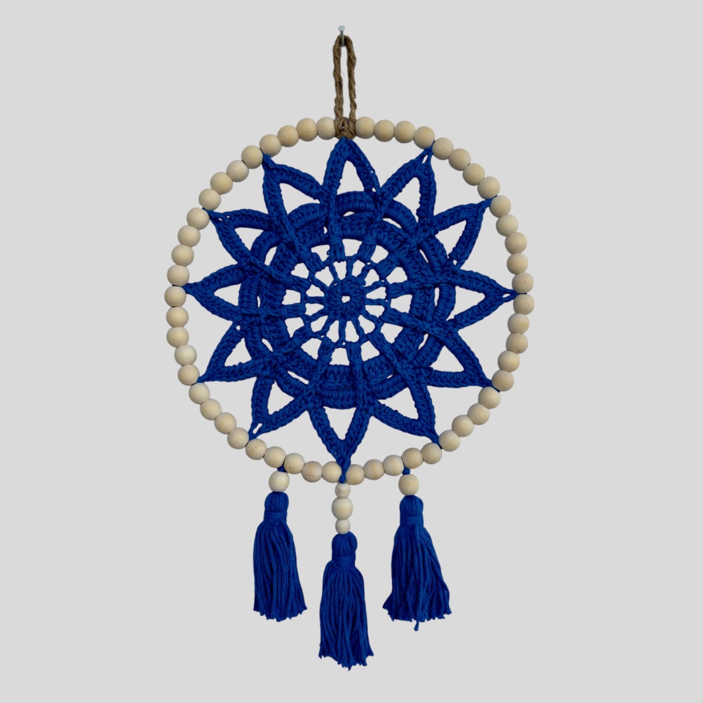 10" Handmade Wood Bead Frame Macrame Dreamcatcher - Nursery and Kid's Room Decor -- Blue