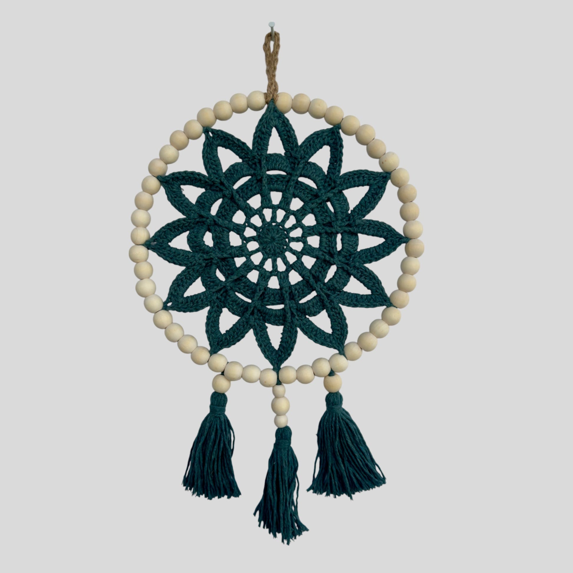 9.5" Handmade Wood Bead Frame Macrame Dreamcatcher - Nursery and Kid's Room Decor -- Forest Green –