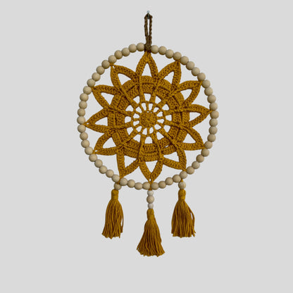 10" Handmade Wood Bead Frame Macrame Dreamcatcher - Nursery and Kid's Room Decor -- Golden Yellow