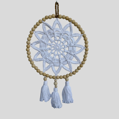 10" Handmade Wood Bead Frame Macrame Dreamcatcher - Nursery and Kid's Room Decor -- White