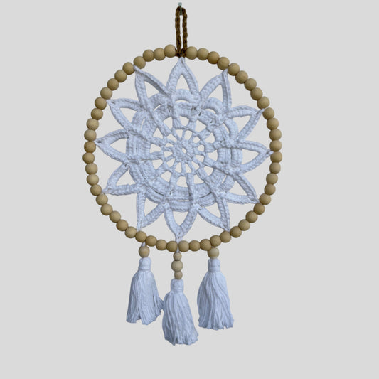 10" Handmade Wood Bead Frame Macrame Dreamcatcher - Nursery and Kid's Room Decor -- White