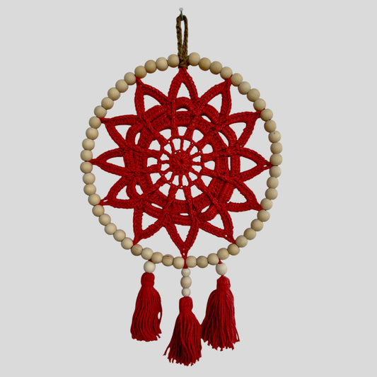 10" Handmade Wood Bead Frame Macrame Dreamcatcher - Nursery and Kid's Room Decor -- Coral