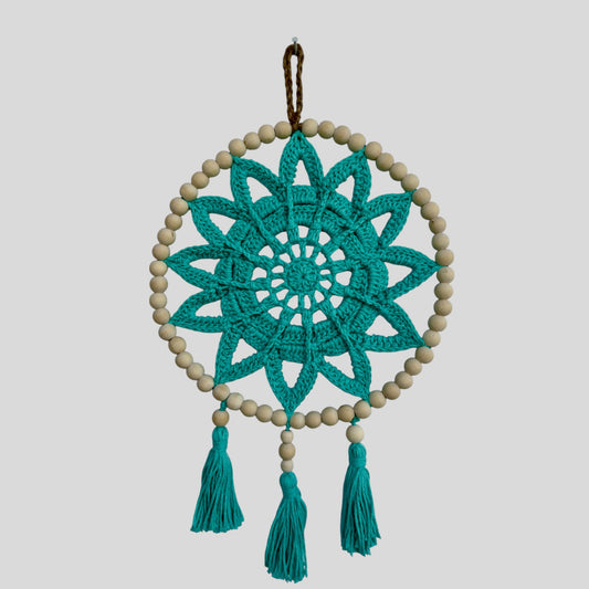 10" Handmade Wood Bead Frame Macrame Dreamcatcher - Nursery and Kid's Room Decor -- Turquoise