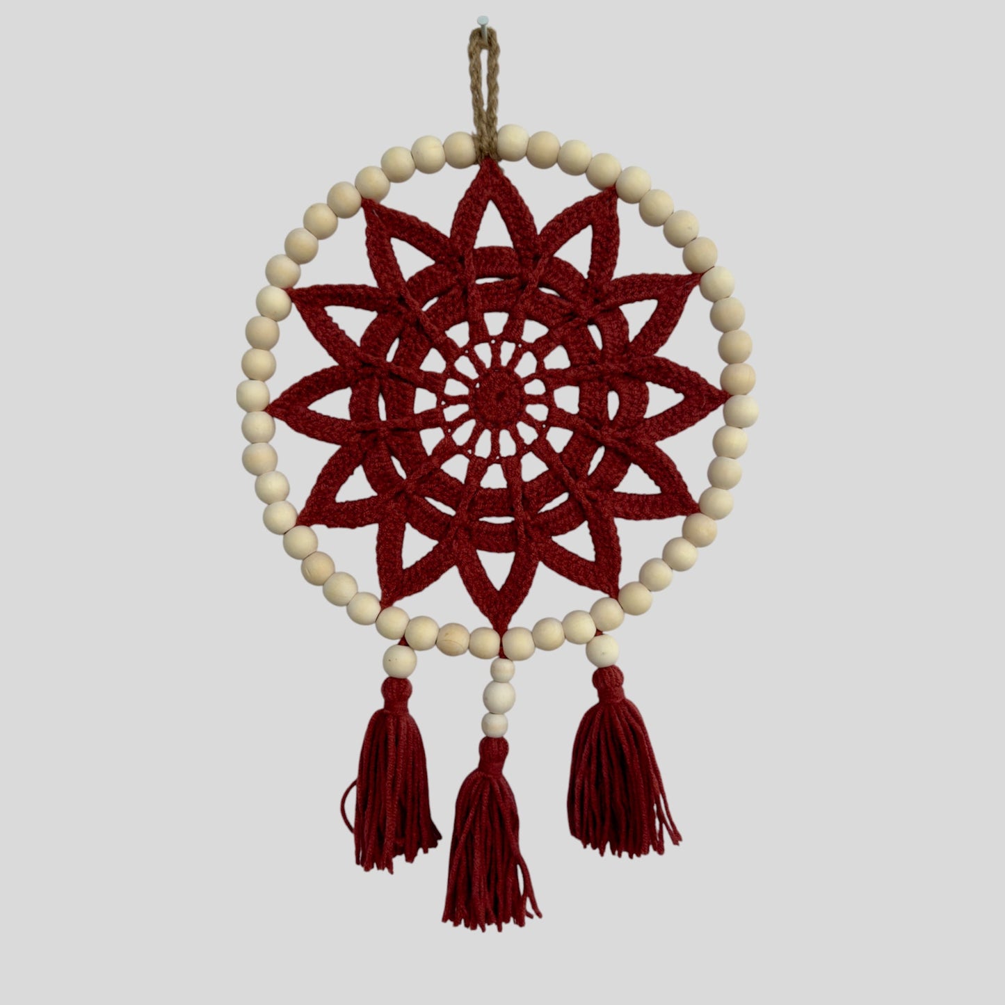 9.5" Handmade Wood Bead Frame Macrame Dreamcatcher - Nursery and Kid's Room Decor -- Rust