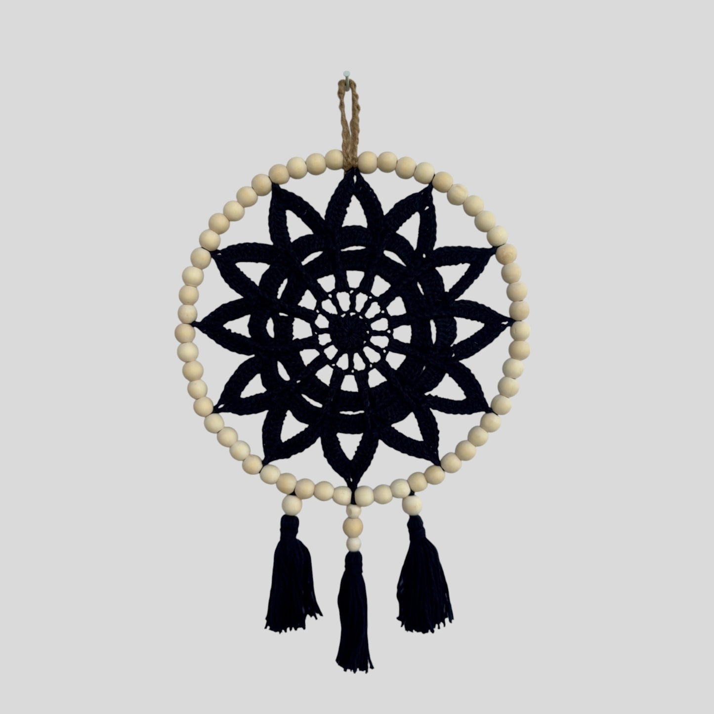 10" Handmade Wood Bead Frame Macrame Dreamcatcher - Nursery and Kid's Room Decor -- Black