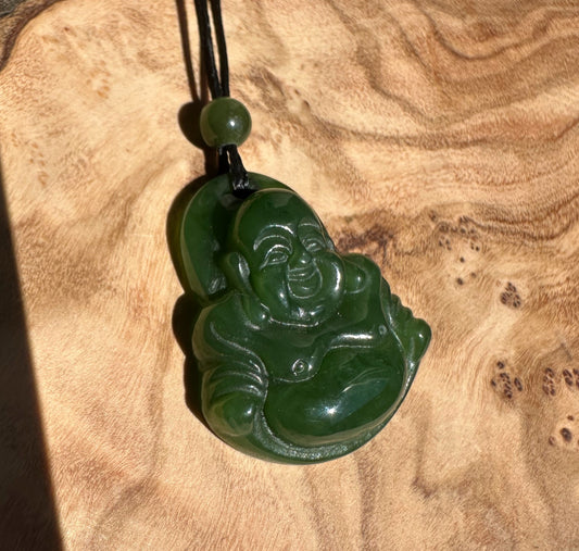 Happy Buddha Jade Pendant – 26mm Green Gemstone Necklace