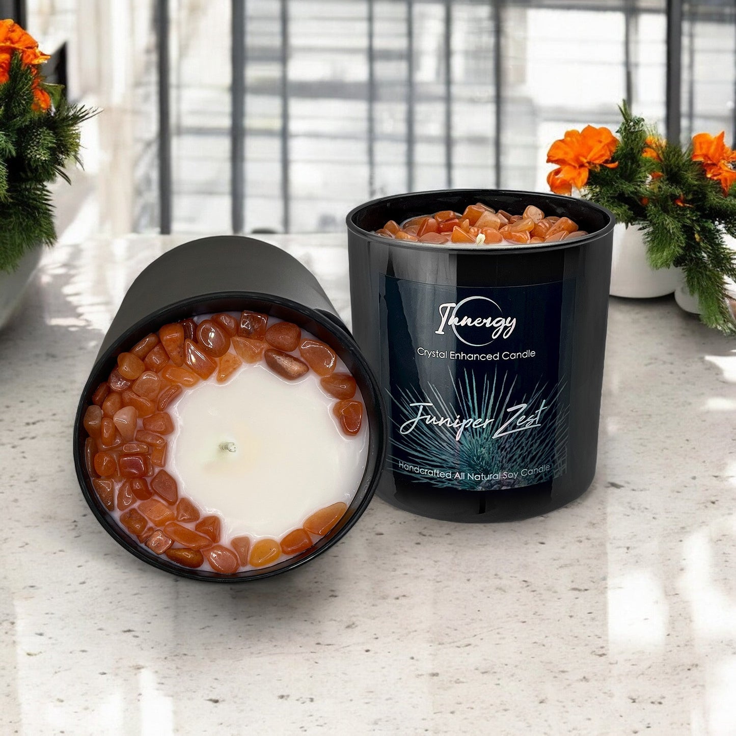 Juniper Zest Crystal Candle with Peach Aventurine | Coconut-Soy Wax Candle, 9oz
