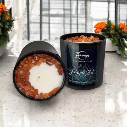 Juniper Zest Crystal Candle with Peach Aventurine | Coconut-Soy Wax Candle, 9oz