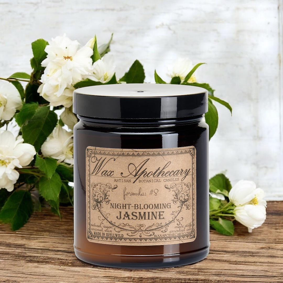 6 oz Botanical Candle in Amber Glass Jar - Night-Blooming Jasmine – Candle