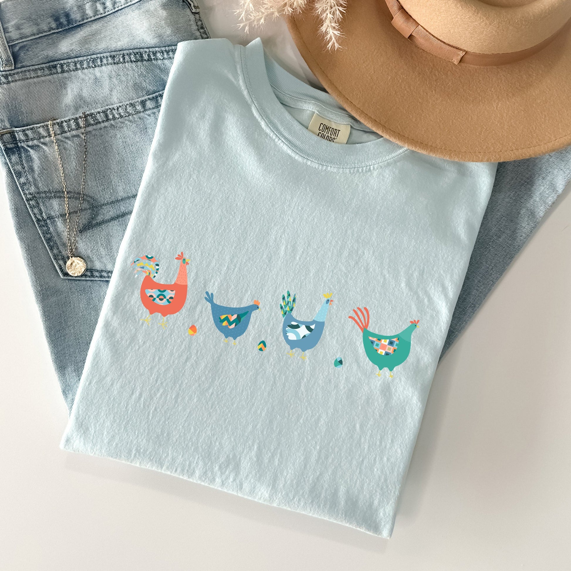 Easter Chickens and Eggs Comfort Colors T-Shirt | Spring Graphic Tee | Unisex Vintage Soft Cotton – Chambray T-Shirt
