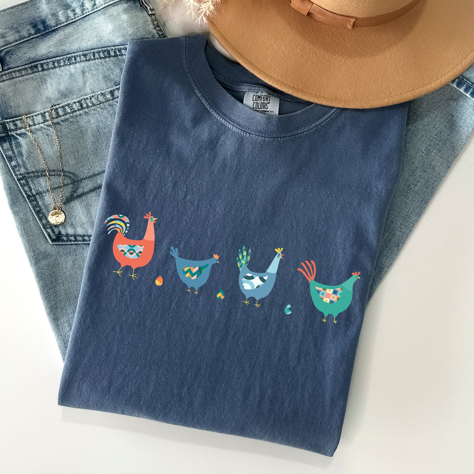 Easter Chickens and Eggs Comfort Colors T-Shirt | Spring Graphic Tee | Unisex Vintage Soft Cotton – Denim T-Shirt