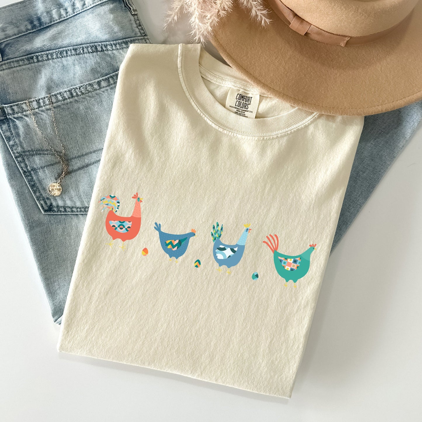 Easter Chickens and Eggs Comfort Colors T-Shirt | Spring Graphic Tee | Unisex Vintage Soft Cotton – Ivory T-Shirt