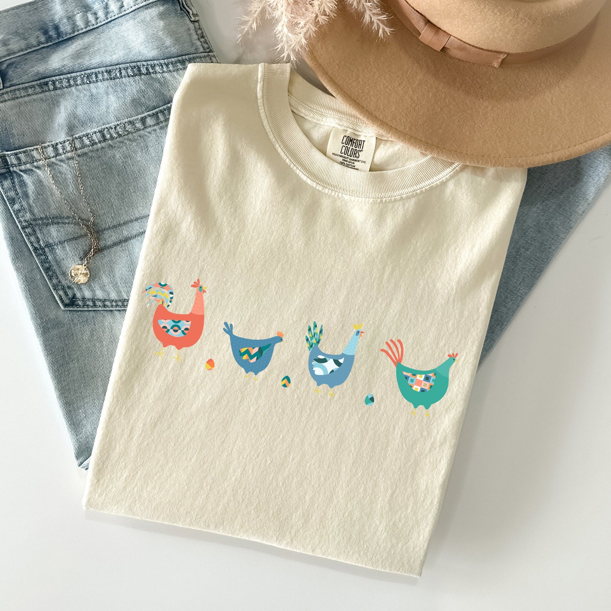 Easter Chickens and Eggs Comfort Colors T-Shirt | Spring Graphic Tee | Unisex Vintage Soft Cotton – Ivory T-Shirt