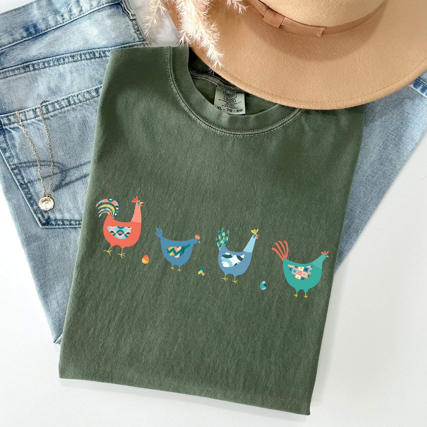Easter Chickens and Eggs Comfort Colors T-Shirt | Spring Graphic Tee | Unisex Vintage Soft Cotton – Moss T-Shirt