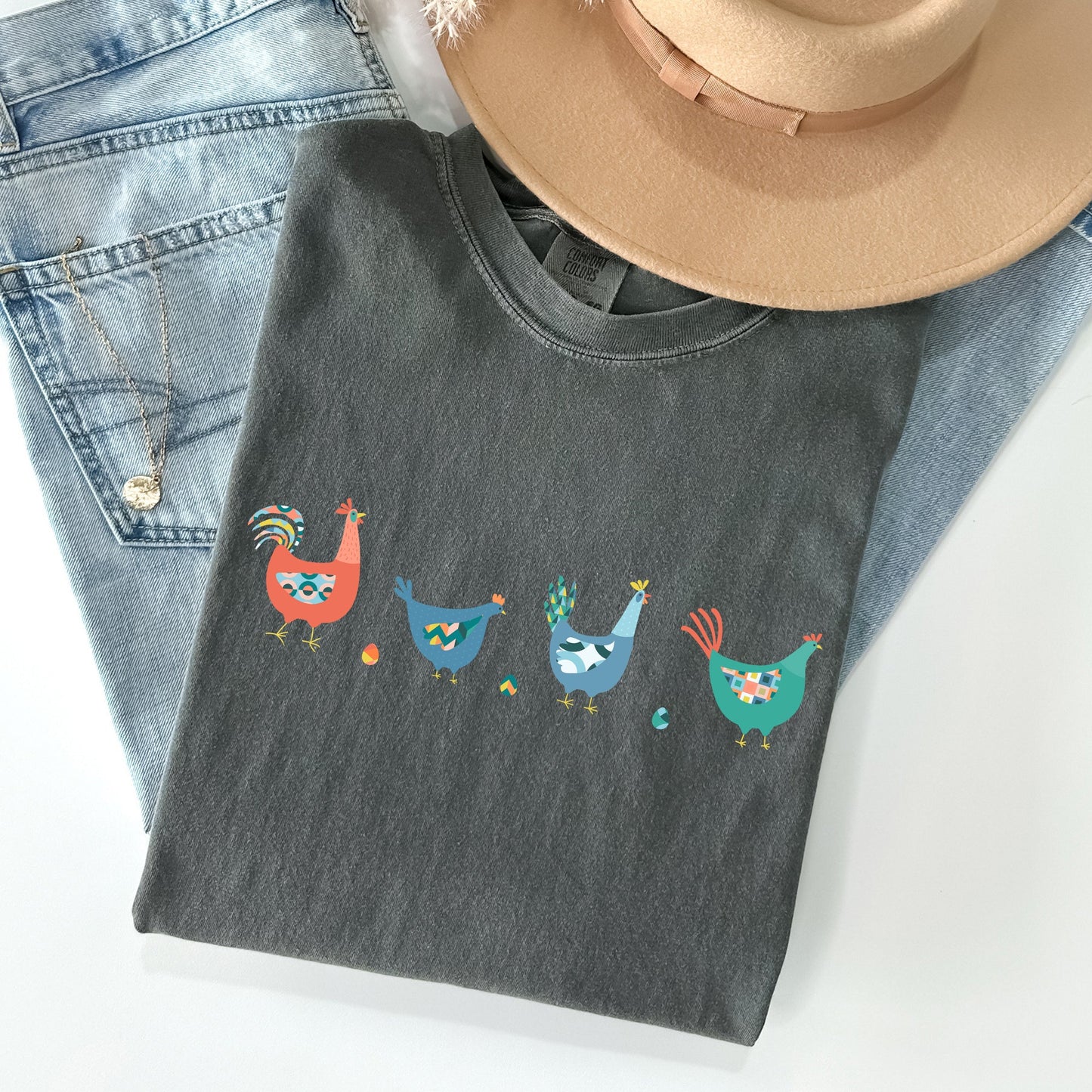 Easter Chickens and Eggs Comfort Colors T-Shirt | Spring Graphic Tee | Unisex Vintage Soft Cotton – Pepper T-Shirt