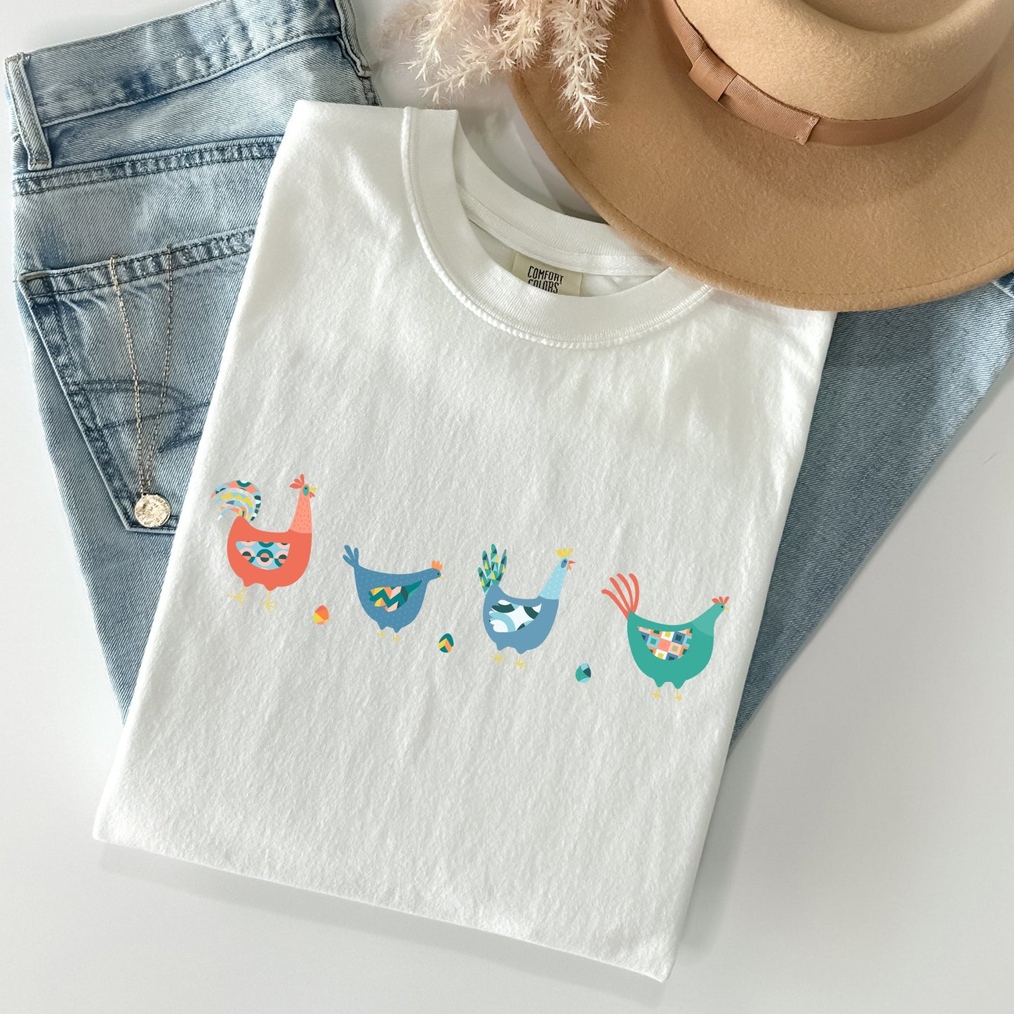 Easter Chickens and Eggs Comfort Colors T-Shirt | Spring Graphic Tee | Unisex Vintage Soft Cotton – White T-Shirt