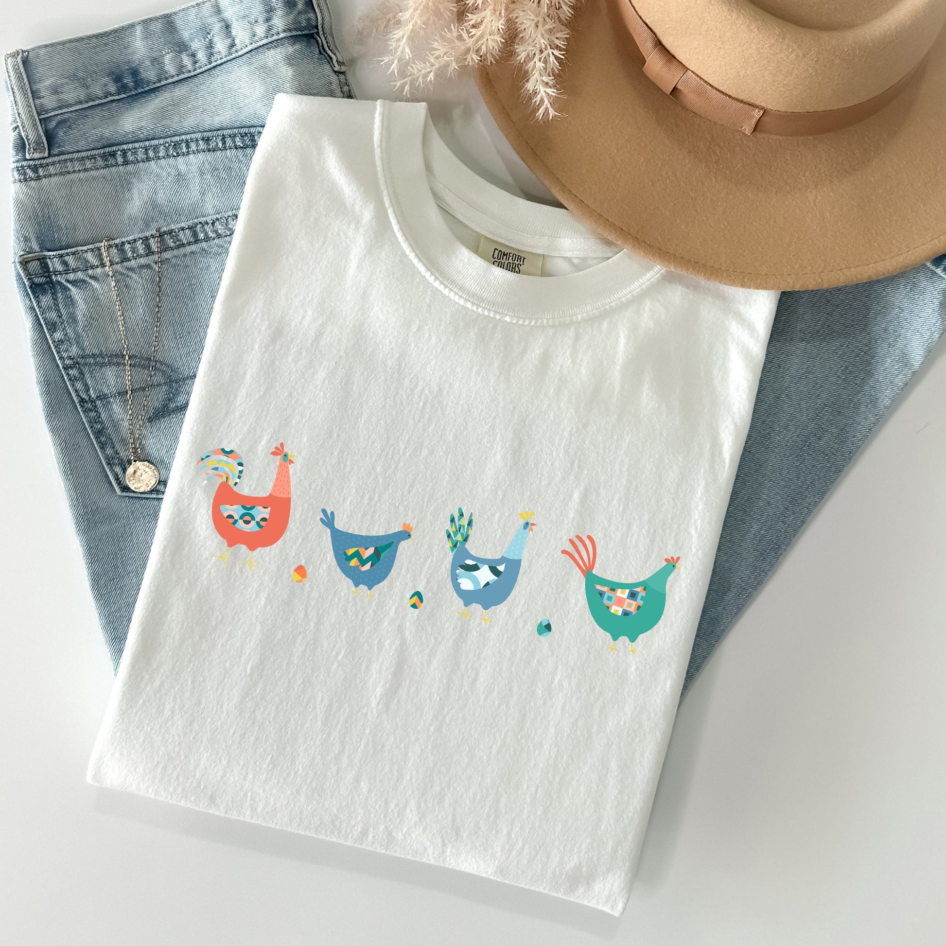 Easter Chickens and Eggs Comfort Colors T-Shirt | Spring Graphic Tee | Unisex Vintage Soft Cotton – White T-Shirt