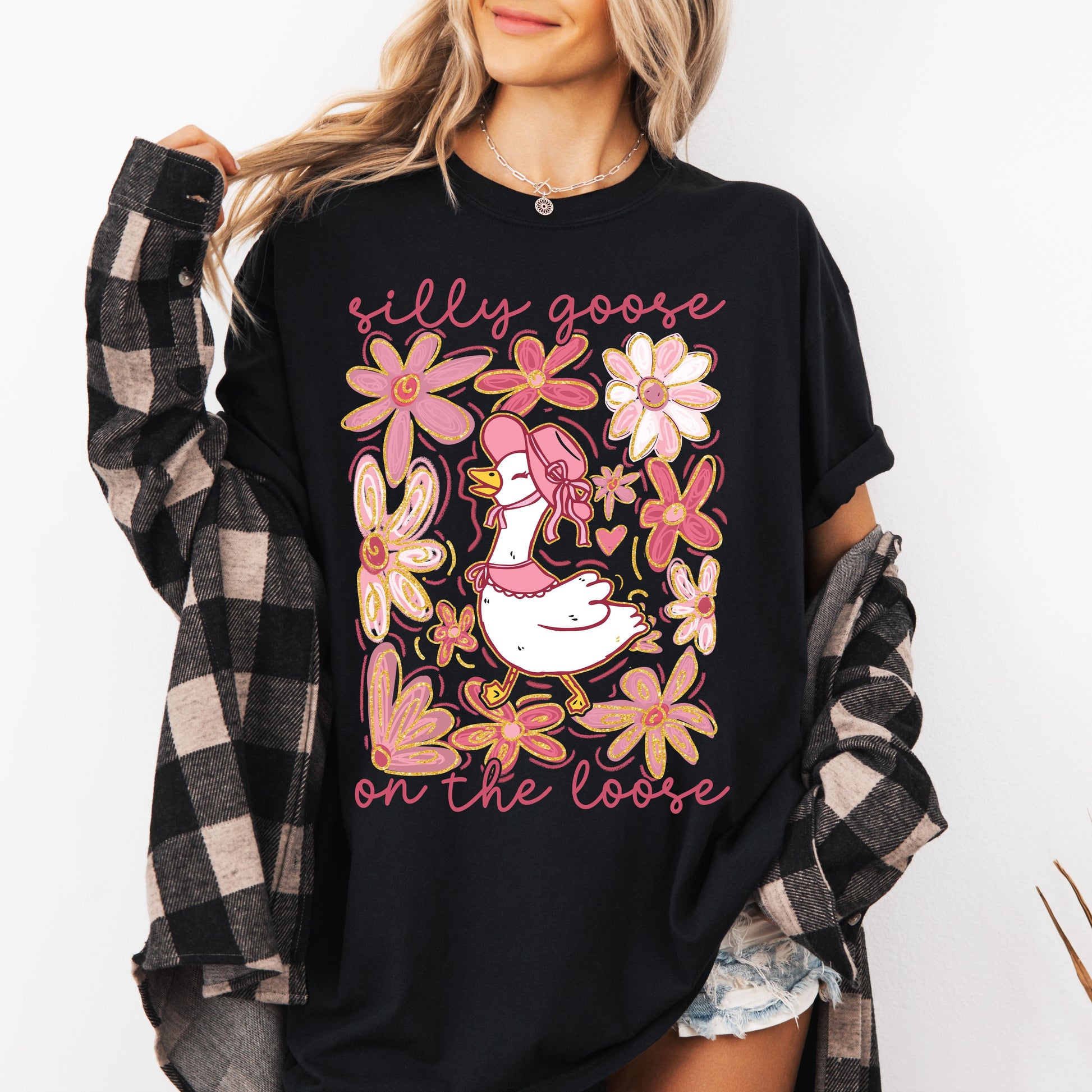 Silly Goose on the Loose T-Shirt | Funny Spring Boho Shirt for Women – Black T-Shirt
