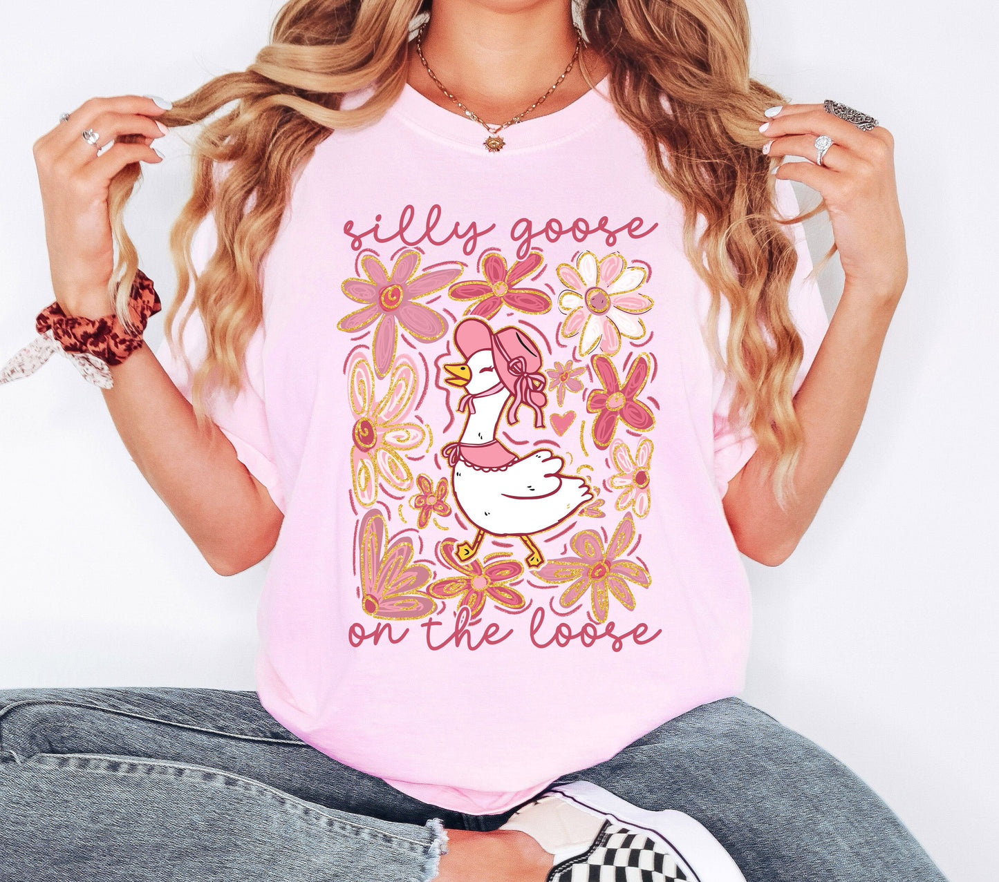 Silly Goose on the Loose T-Shirt | Funny Spring Boho Shirt for Women – Blossom Light Pink T-Shirt