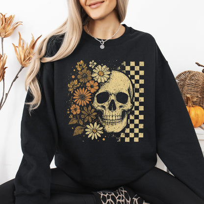 Vintage Skull, Floral, Checkered, Ghost, Halloween, Book, Cat, Western, Pumpkin, Retro, Spooky, Costume, Fall, Graphic Sweatshirt