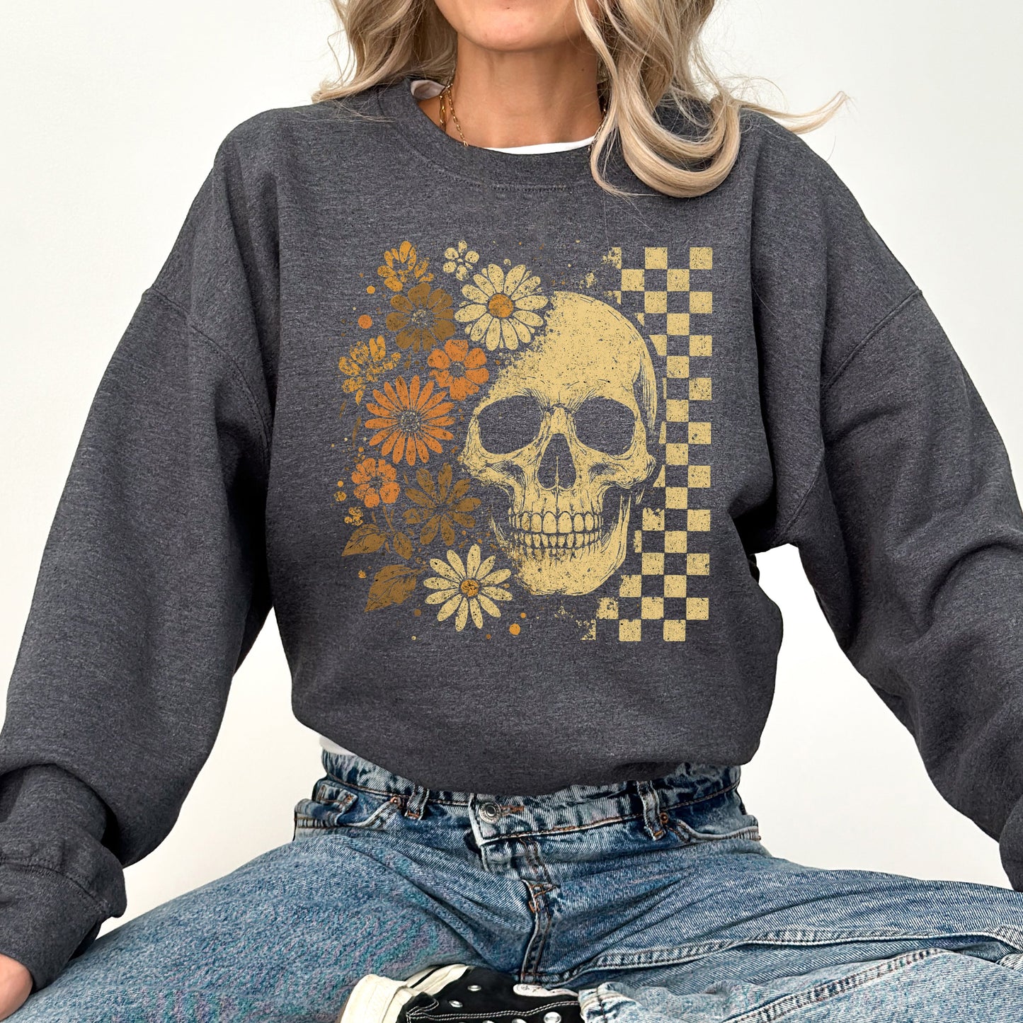 Vintage Skull, Floral, Checkered, Ghost, Halloween, Book, Cat, Western, Pumpkin, Retro, Spooky, Costume, Fall, Graphic Sweatshirt