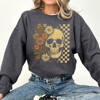 Vintage Skull, Floral, Checkered, Ghost, Halloween, Book, Cat, Western, Pumpkin, Retro, Spooky, Costume, Fall, Graphic Sweatshirt