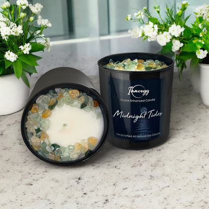 Midnight Tides Crystal Candle with Fluorite, Citrine, & Green Aventurine | Coconut-Soy Wax Candle, 9oz