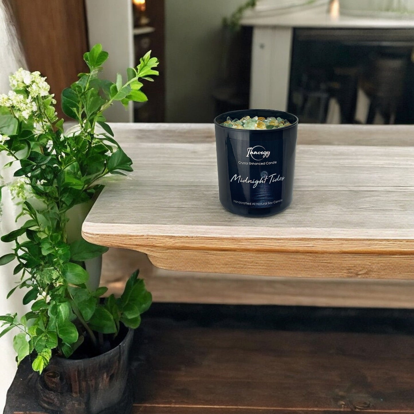 Midnight Tides Crystal Candle with Fluorite, Citrine, & Green Aventurine | Coconut-Soy Wax Candle, 9oz