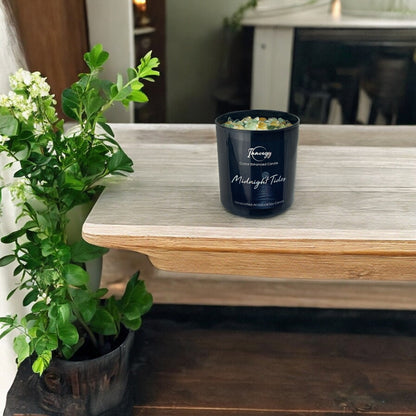 Midnight Tides Crystal Candle with Fluorite, Citrine, & Green Aventurine | Coconut-Soy Wax Candle, 9oz