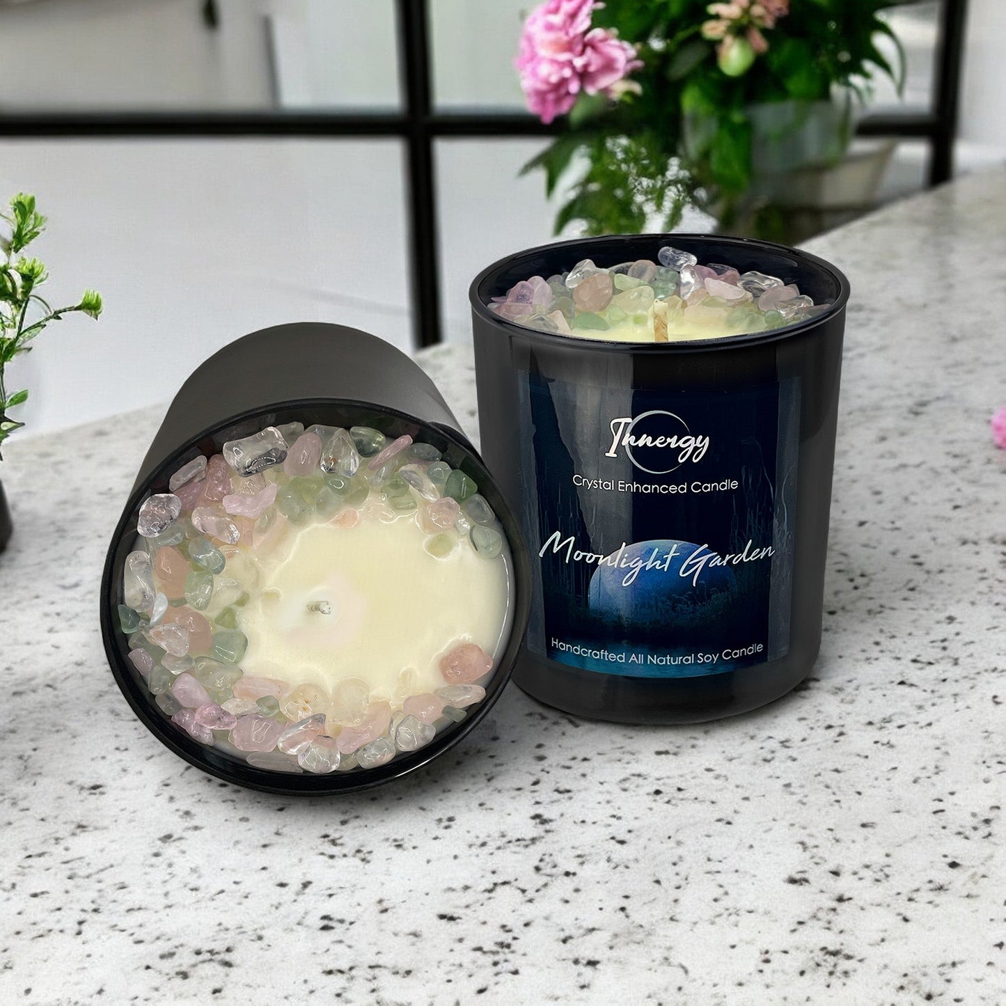 Moonlight Garden Crystal Candle with Fluorite, Rose, & Quartz | Coconut-Soy Wax Candle, 9oz