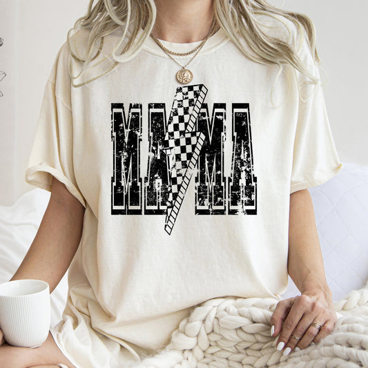 Mama, Lightening Bolt, Vintage, Checkered, Mother's Day, Motherhood, Mom, Comfort Colors Tshirt – Ivory Cream T-Shirt