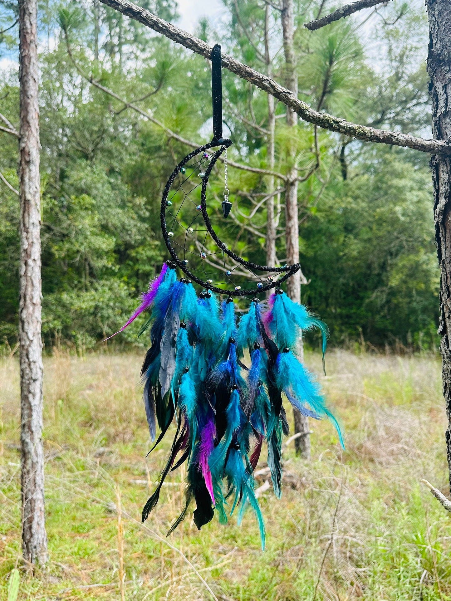 Medium Wall Hanging Crescent Moon Dream Catcher with Black Purple Green Blue Feathers and Charm, Modern Boho Style Home Decor