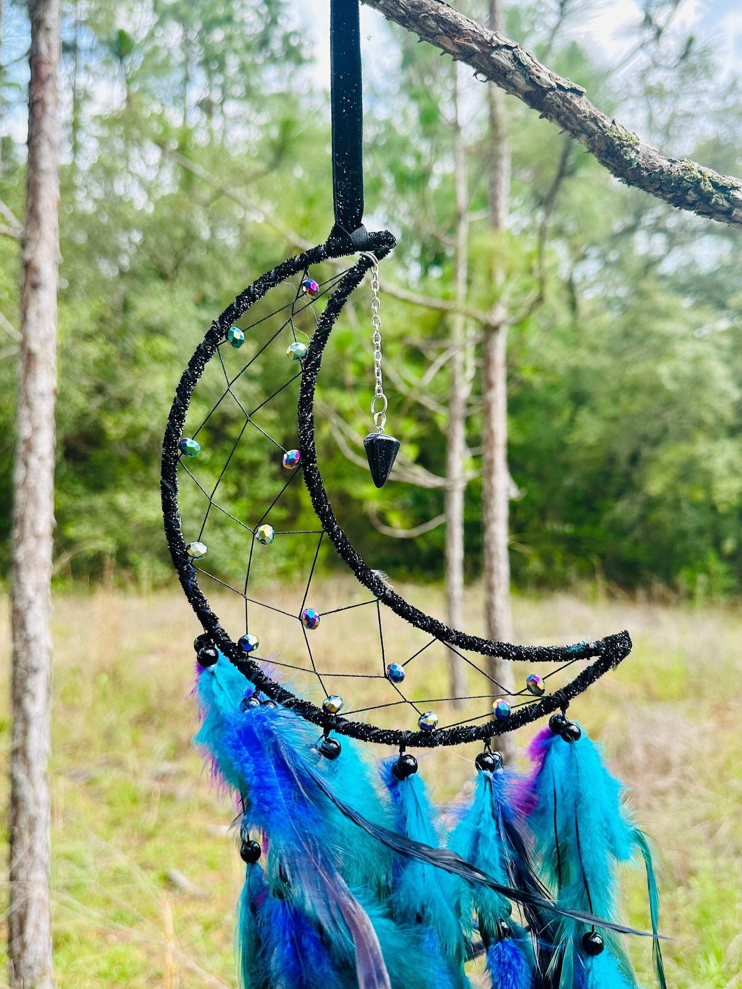 Medium Wall Hanging Crescent Moon Dream Catcher with Black Purple Green Blue Feathers and Charm, Modern Boho Style Home Decor