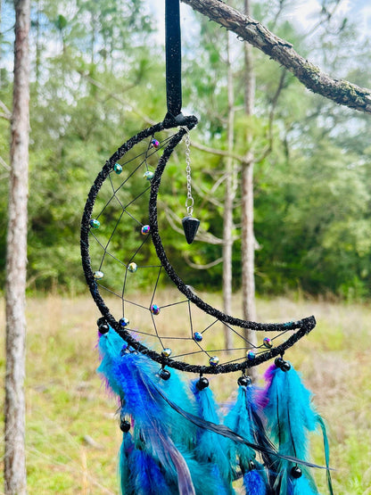 Medium Wall Hanging Crescent Moon Dream Catcher with Black Purple Green Blue Feathers and Charm, Modern Boho Style Home Decor