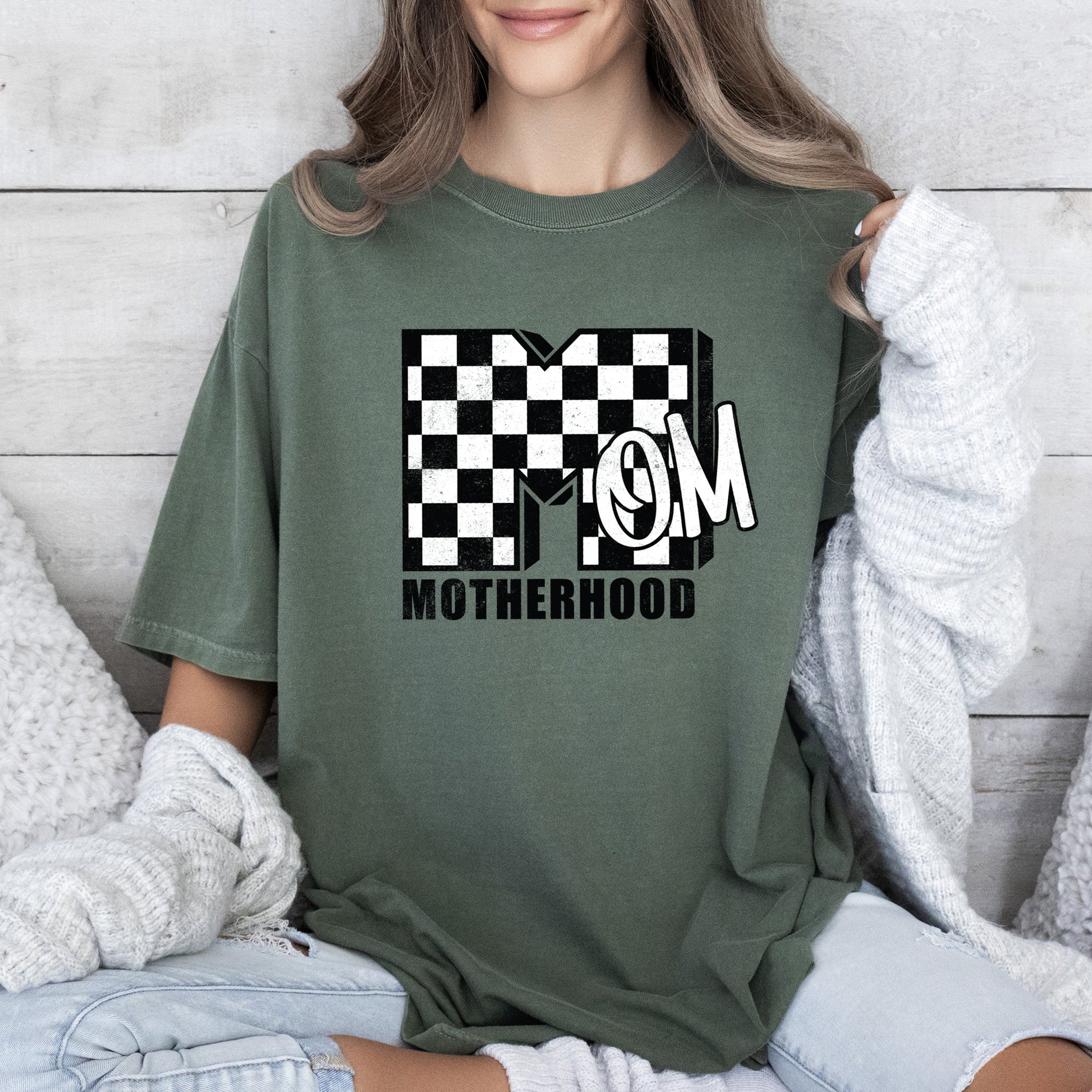 Mom, Comfort Colors, Motherhood, MTV, Retro, Checkerboard, Comfort Colors Tshirt – Moss Green T-Shirt