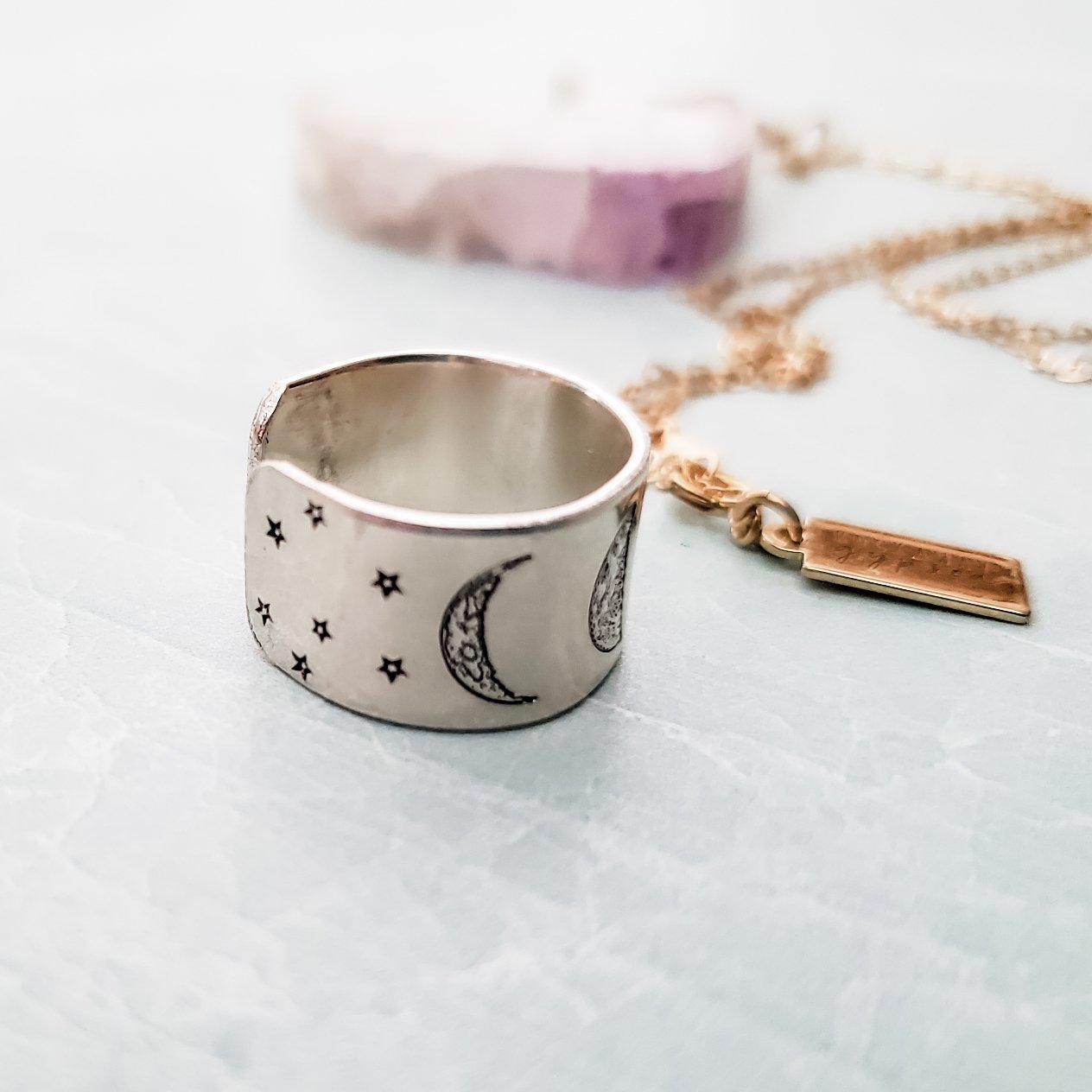 Moon Phases Celestial Silver Ring – Hand Stamped Lunar Jewelry