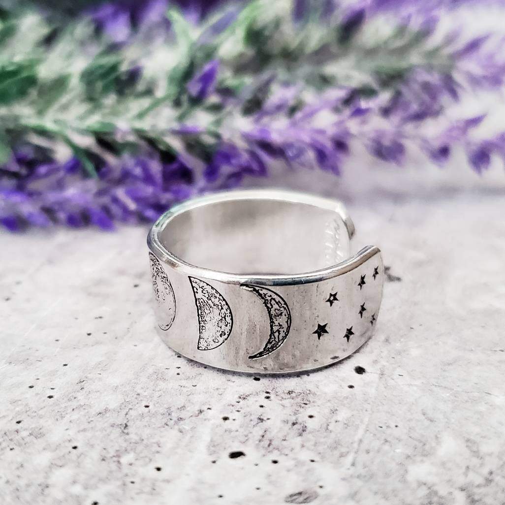 Moon Phases Celestial Silver Ring – Hand Stamped Lunar Jewelry