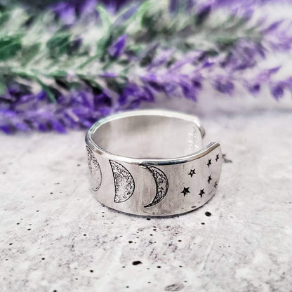 Moon Phases Celestial Silver Ring – Hand Stamped Lunar Jewelry